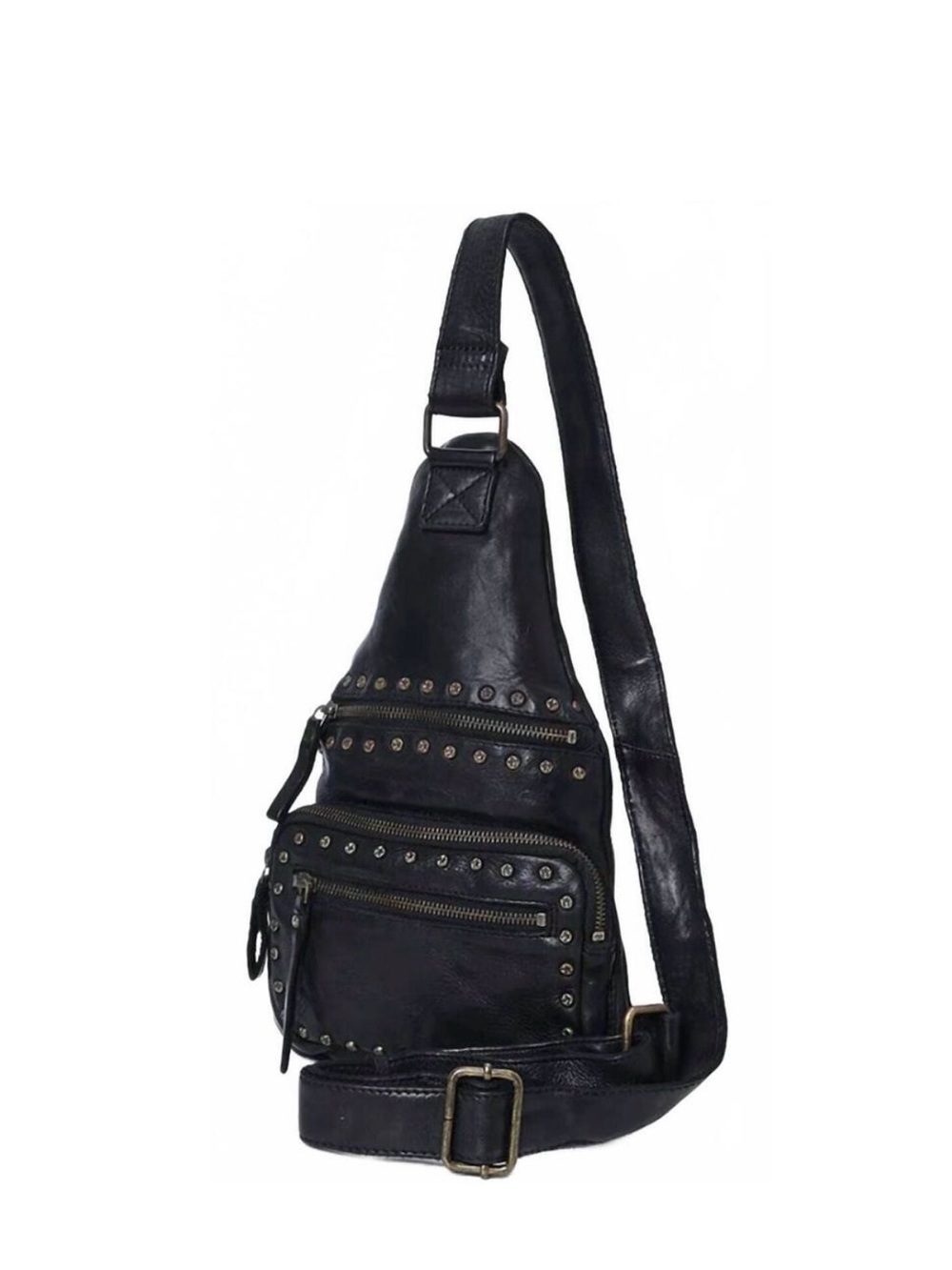 Black Leather Studded Crossbody Sling Bag Spaghetti Western